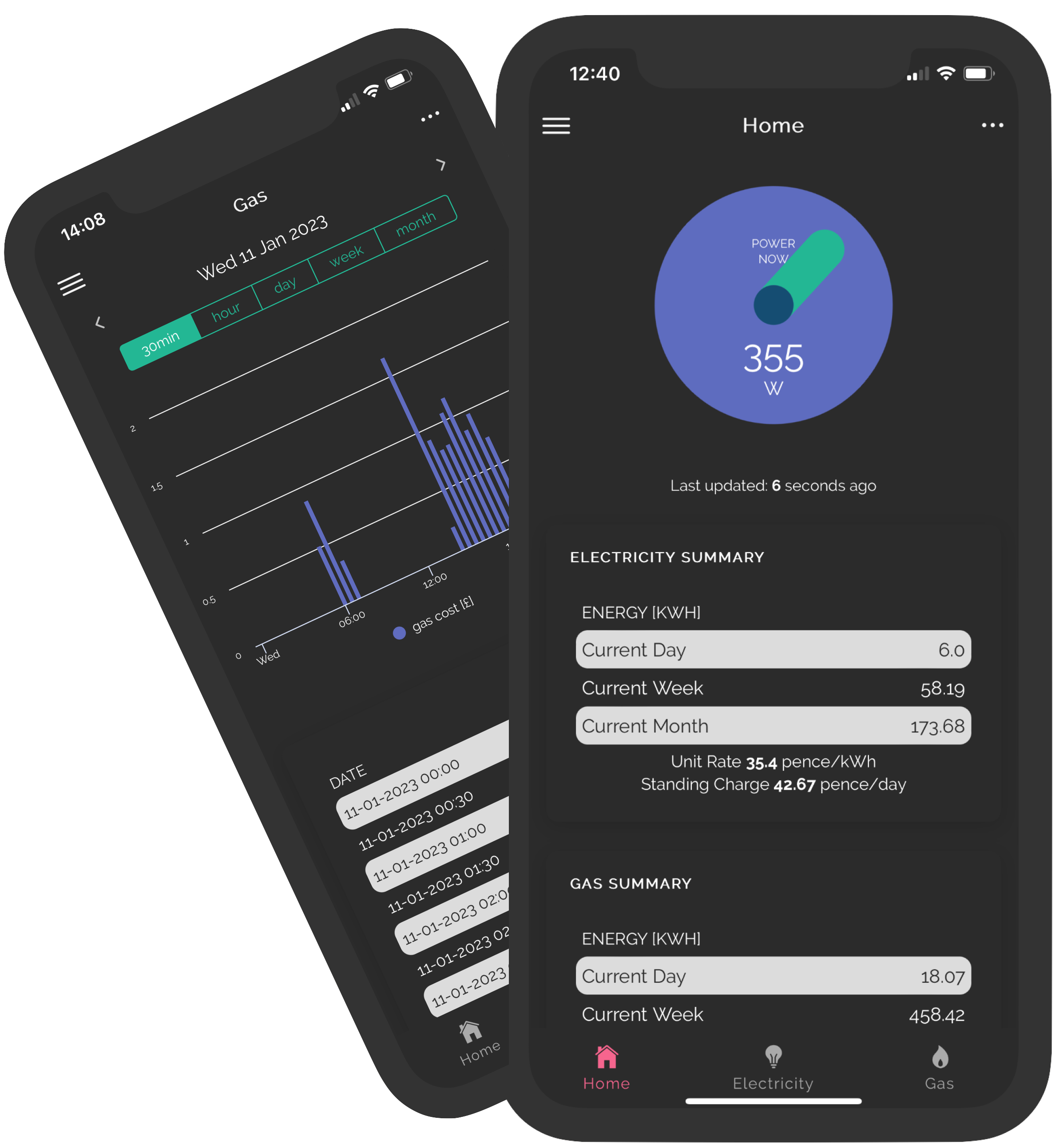 Bright mobile app showing energy monitoring interface